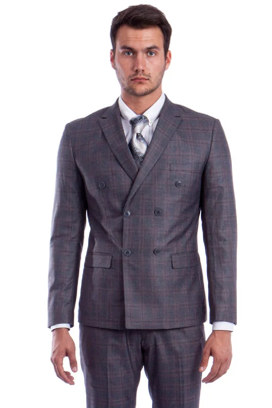 Men's Slim Fit Double Breasted Glen Plaid Suit in Charcoal Grey