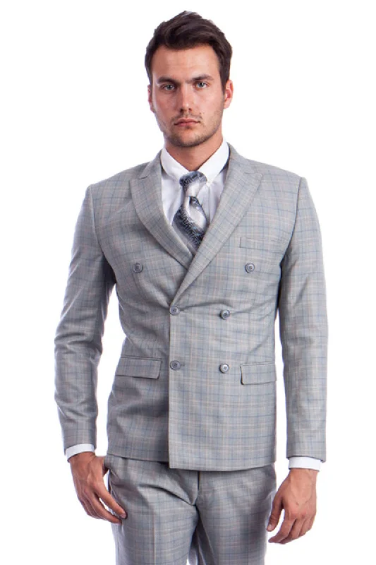 Men's Slim Fit Double Breasted Glen Plaid Suit in Light Grey