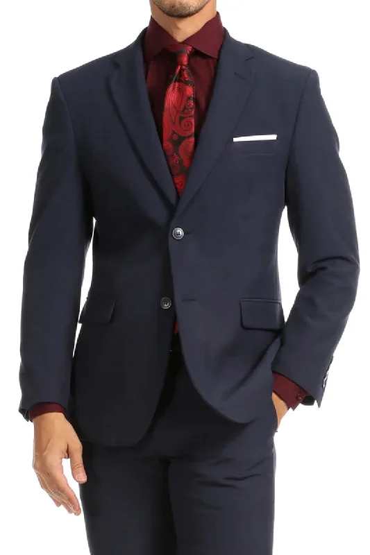 Mens Slim Fit Light Weight Poplin Polyester Suit in Navy