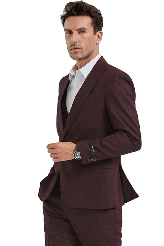 Men's Slim Fit One Button Peak Lapel Suit with Double Breasted Vest in Burgundy Sharkskin