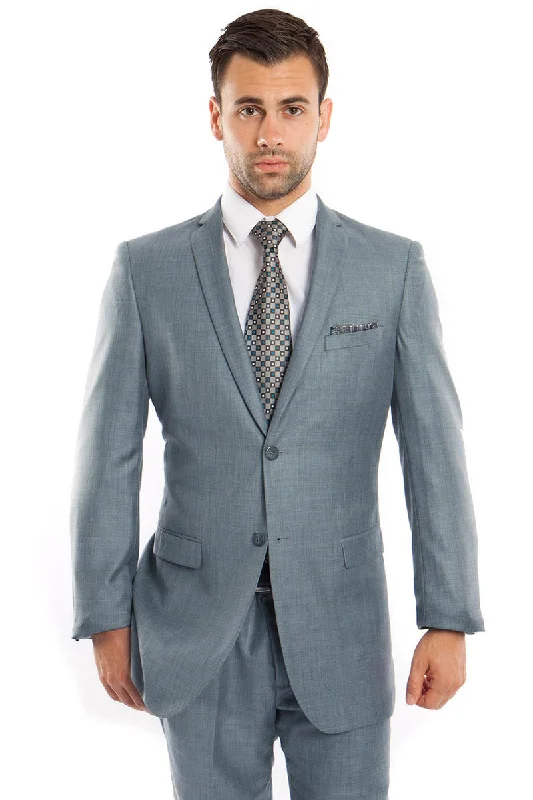 Men's Slim Fit Textured Shiny Sharkskin Suit in Smoke Blue