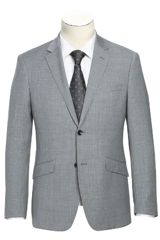 Mens Slim Fit Two Button Hack Pocket Suit in Light Grey Windowpane Plaid