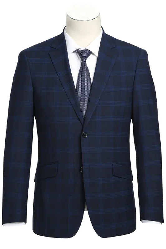 Mens Slim Fit Two Button Stretch Suit in Dark Navy Windowpane Plaid