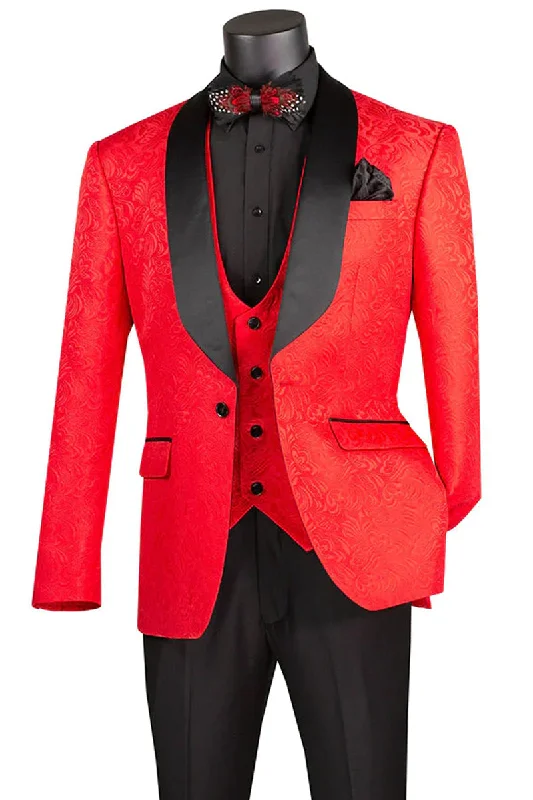 Men's Slim Fit Vested Paisley Wedding Tuxedo in Red