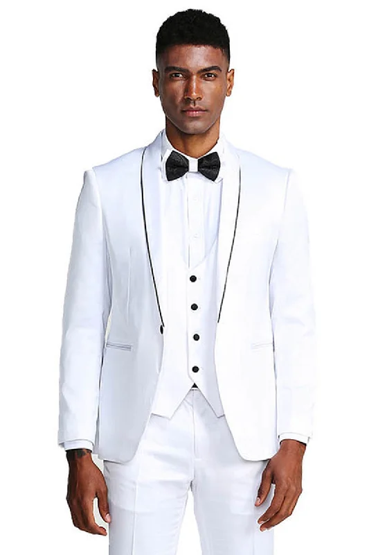 Men's Slim Fit Vested Shiny Satin Prom & Wedding Tuxedo Suit in White