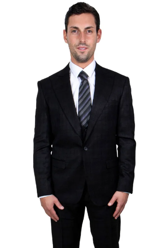 Men's Stacy Adams One Button Vested Peak Lapel Glen Plaid Suit in Black