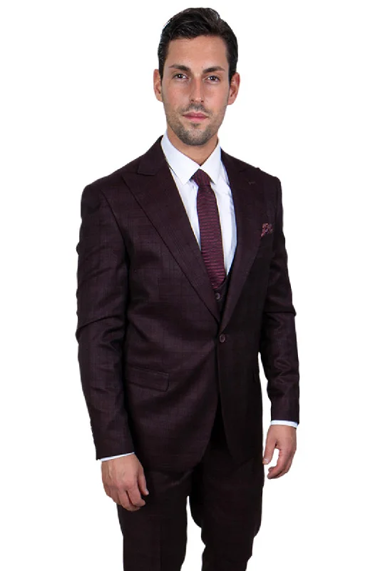 Men's Stacy Adams One Button Vested Peak Lapel Glen Plaid Suit in Burgundy