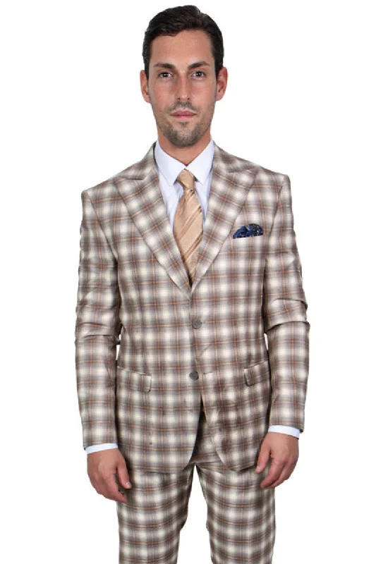 Men's Stacy Adams Two Button Vested Bold Windowpane Plaid Suit in Brown & Tan