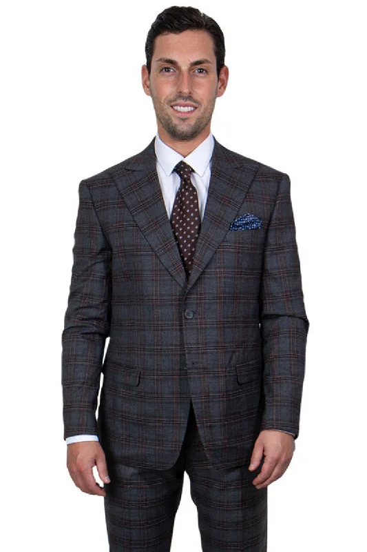 Men's Stacy Adams Two Button Vested Peak Lapel Plaid Suit in Charcoal Grey Windowpane