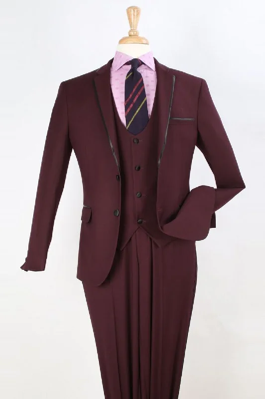 Mens Two Button Slim Fit Vested Prom Tuxedo Suit with Trim in Burgundy