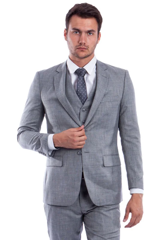 Men's Two Button Hybrid Fit Vested Sharkskin Wedding & Business Suit in Stone Grey