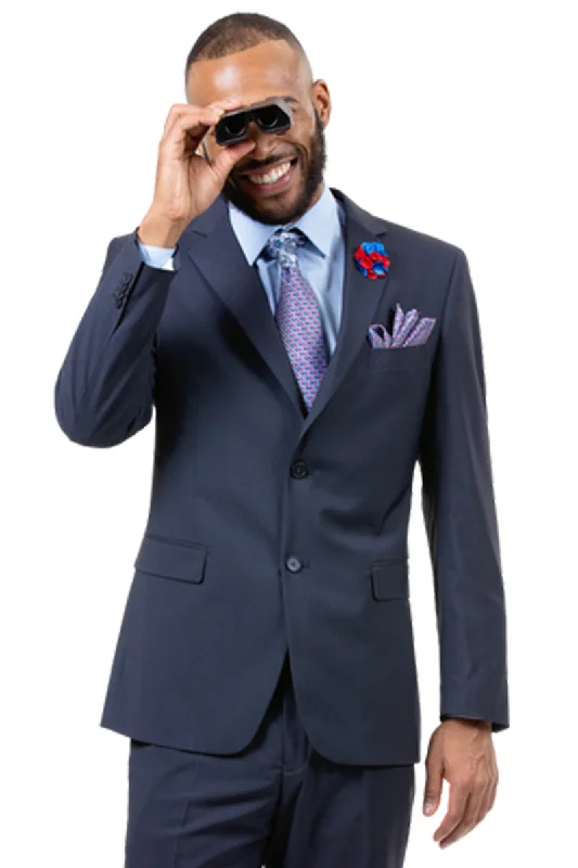 Mens Two Button Slim Fit Basic Business Suit in Navy Blue