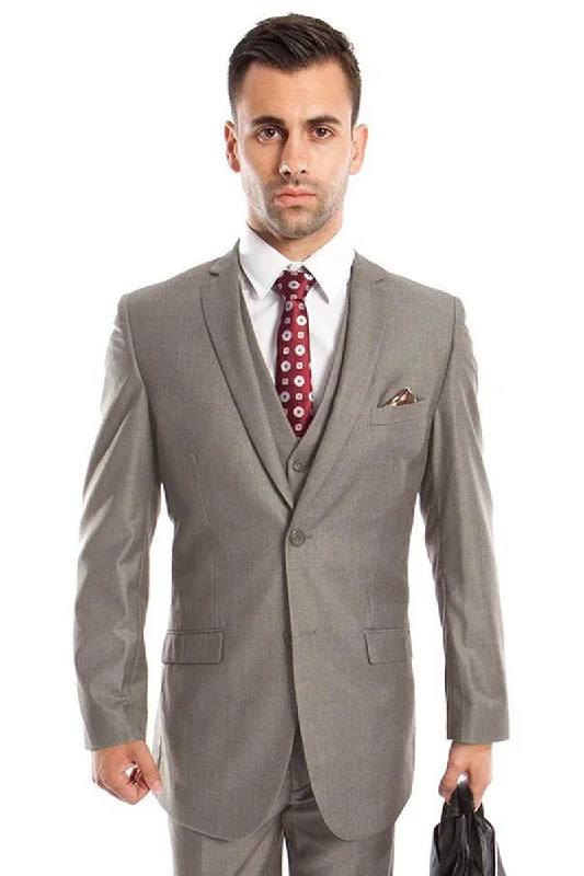 Men's Two Button Slim Fit Basic Vested Wedding Suit in Grey