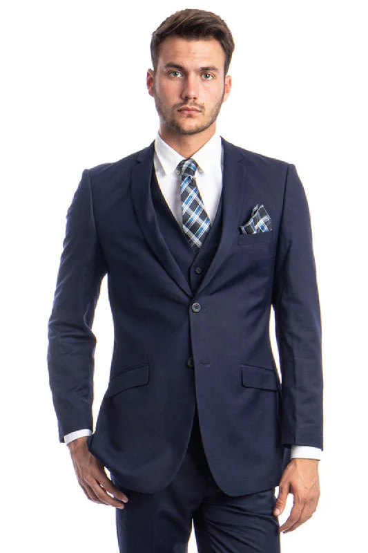 Men's Two Button Slim Fit Basic Vested Wedding Suit in Indigo Navy