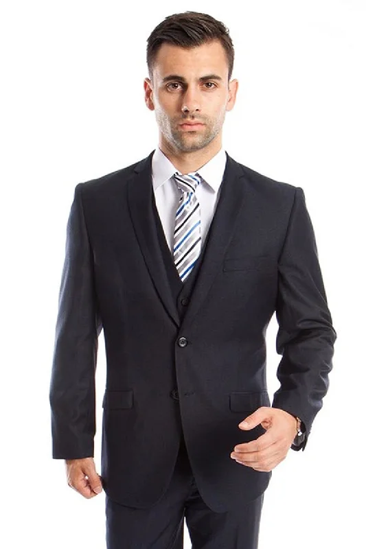 Men's Two Button Slim Fit Basic Vested Wedding Suit in Navy Blue