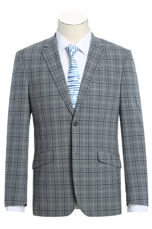 Mens Two Button Slim Fit Two Piece Hack Pocket Stretch Suit in Grey Windowpane Plaid