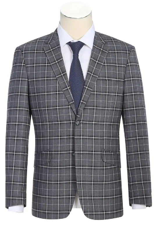 Mens Two Button Slim Fit Two Piece Suit in Charcoal Grey Bold Windowpane Plaid