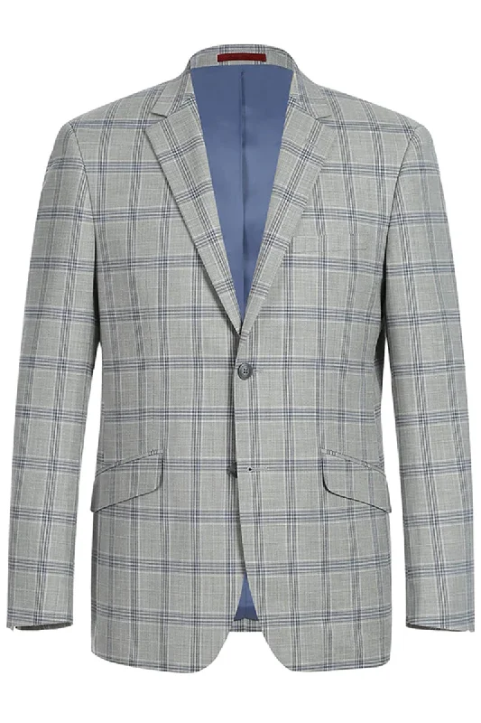 Mens Two Button Slim Fit Two Piece Suit in Light Grey & Blue Windowpane Plaid