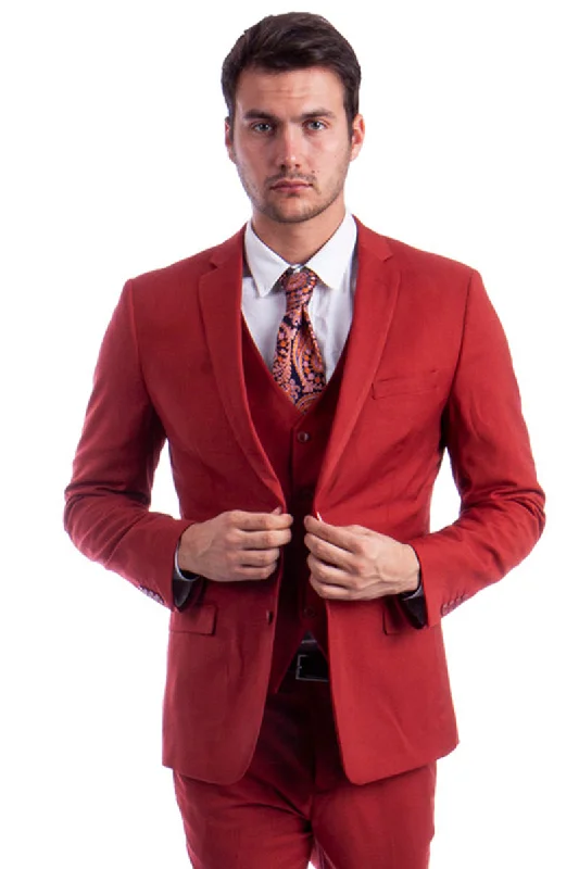 Men's Two Button Slim Fit Vested Solid Basic Color Suit in Brick