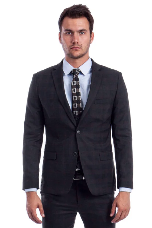 Men's Two Button Vested Skinny Fit Suit with Low Cut Vest in Black Plaid