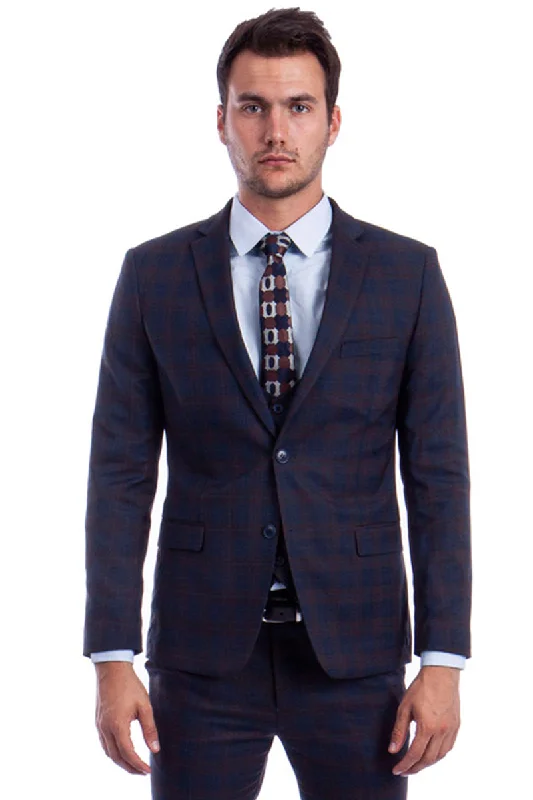 Men's Two Button Vested Skinny Fit Suit with Low Cut Vest in Blue & Brown Plaid