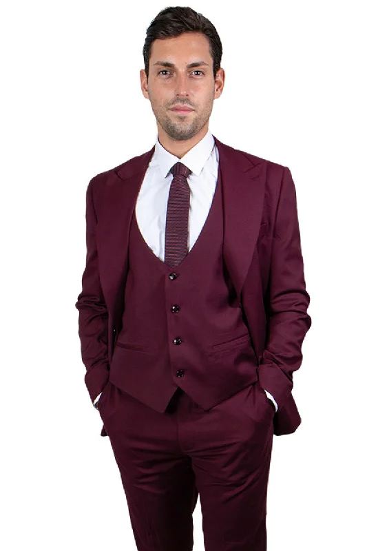 Men's Vested One Button Peak Lapel Stacy Adams Suit in Burgundy