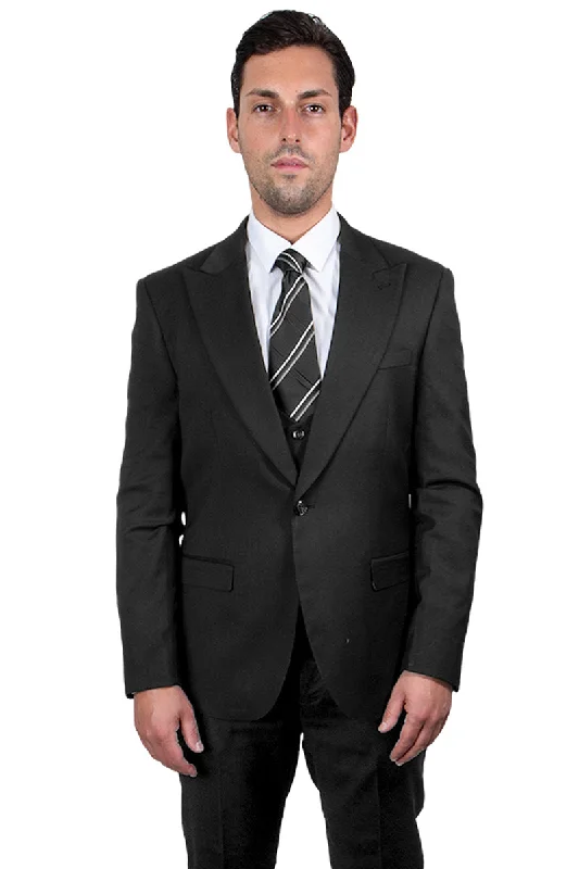 Men's Vested One Button Peak Lapel Stacy Adams Suit in Charcoal