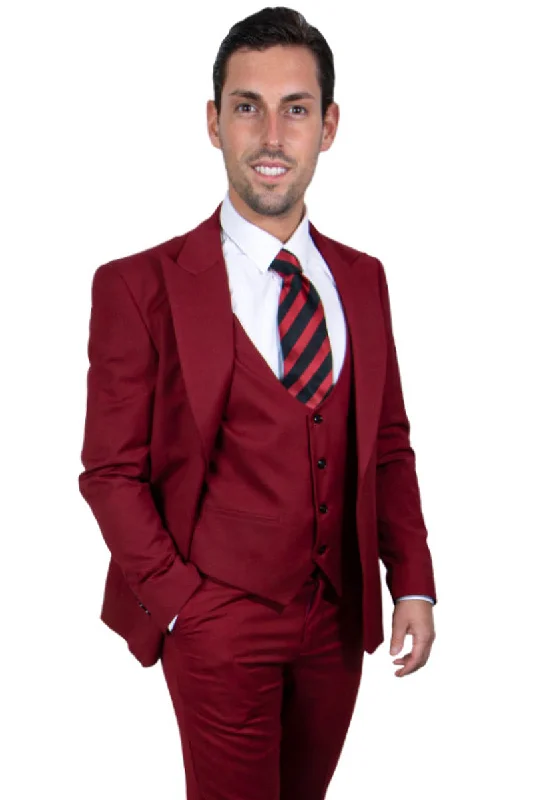 Men's Vested One Button Peak Lapel Stacy Adams Suit in Cherry Red