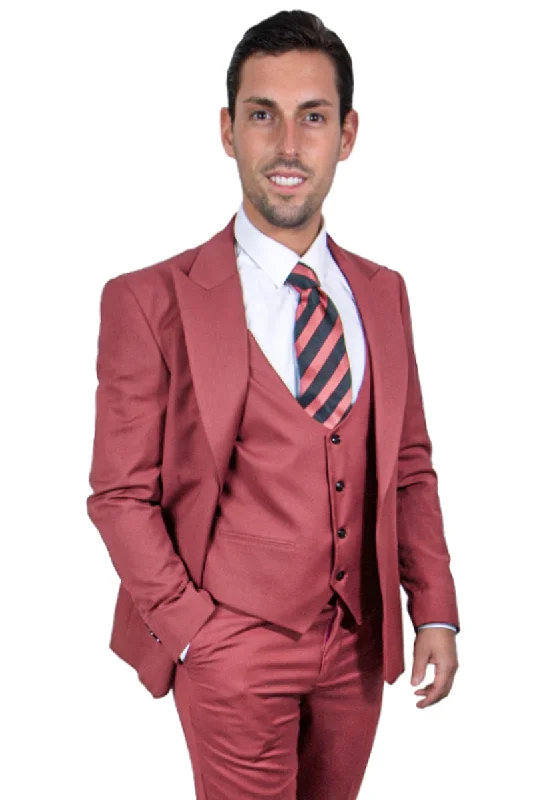 Men's Vested One Button Peak Lapel Stacy Adams Suit in Coral Blush Pink