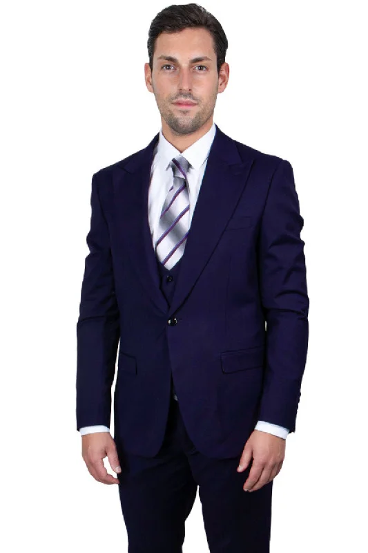 Men's Vested One Button Peak Lapel Stacy Adams Suit in Navy Blue