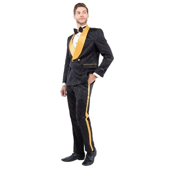 New Double-Breasted Skinny Fit Tuxedo By Tazio, Paisley Black & Gold