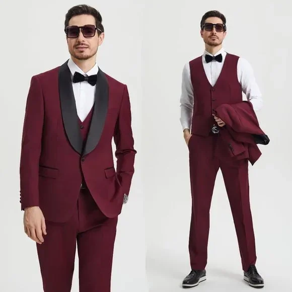 Stacy Adams 3pc Tuxedo Shawl Lapel, Burgundy Red