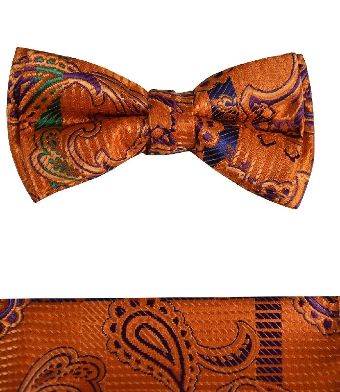 Rust Paisley Boys Bow Tie and Pocket Square Set, Pre-tied