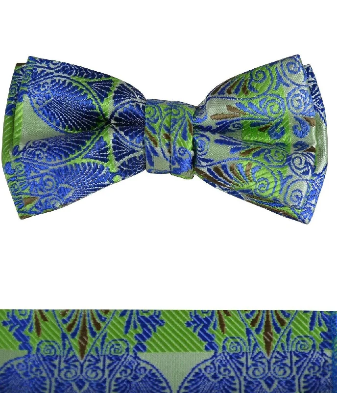 Blue and Green Boys Bow Tie and Pocket Square Set, Pre-tied