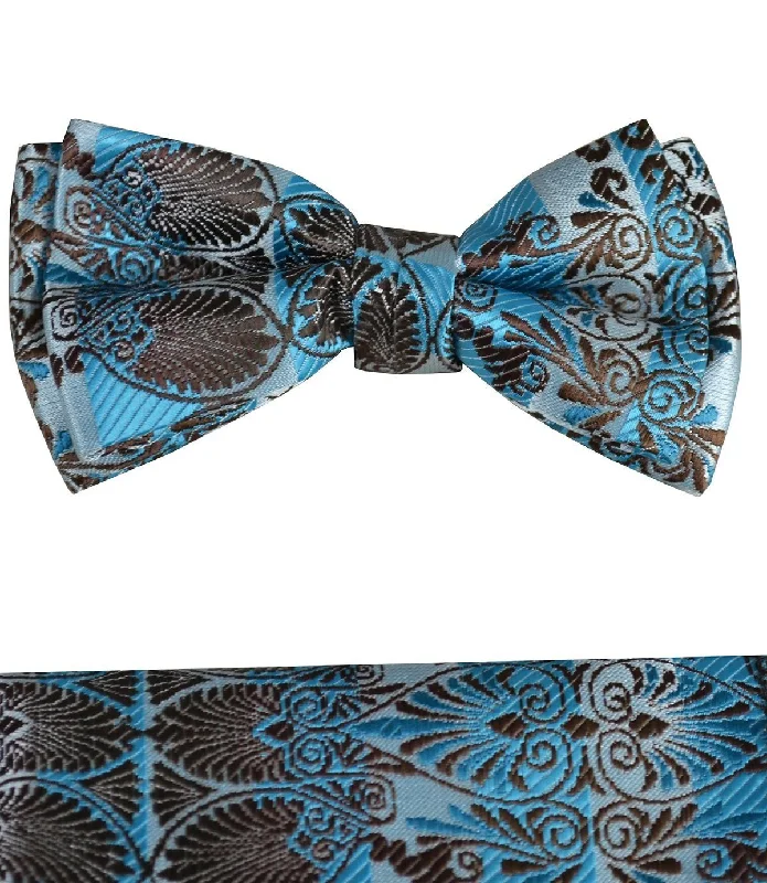 Brown and Blue Boys Bow Tie and Pocket Square Set, Pre-tied