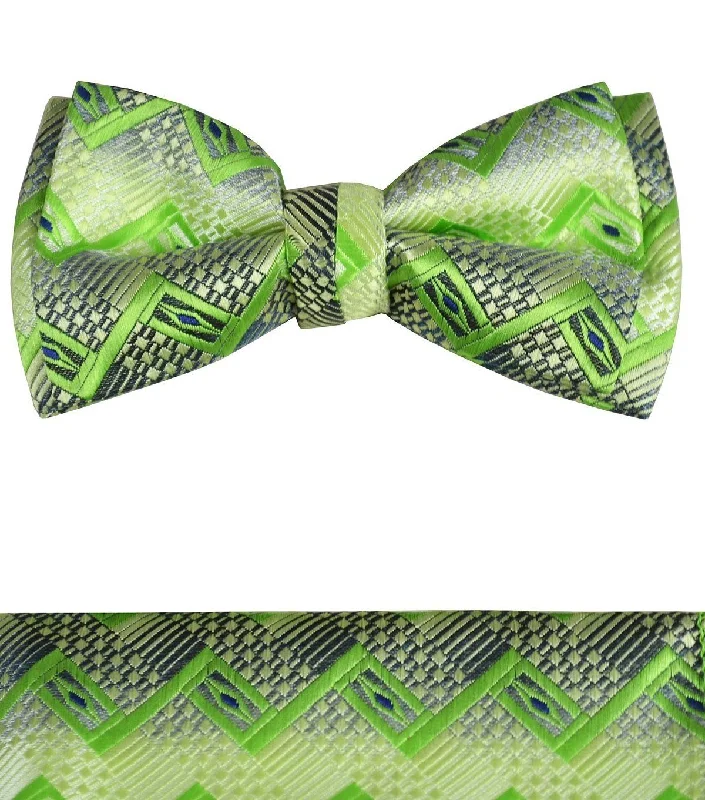 Neon Green Boys Bow Tie and Pocket Square Set, Pre-tied