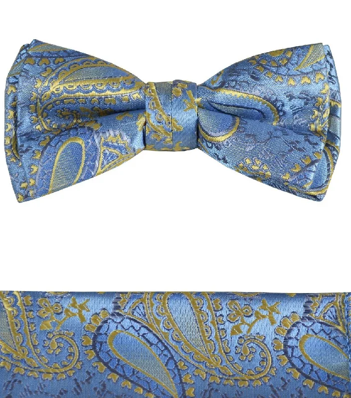 Blue and Gold Boys Bow Tie and Pocket Square Set, Pre-tied