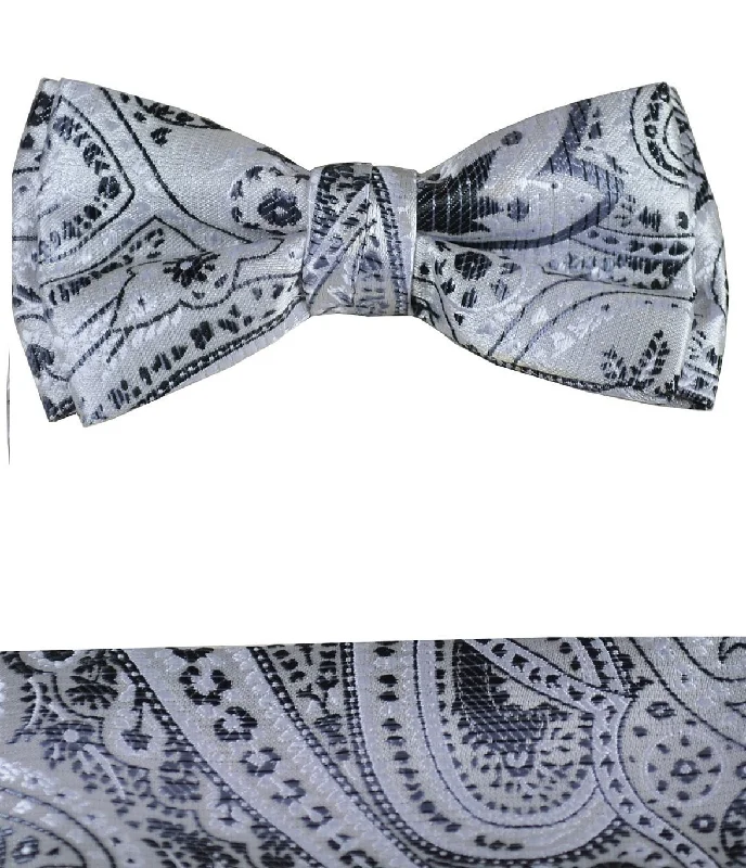 Grey Paisley Boys Bow Tie and Pocket Square Set, Pre-tied