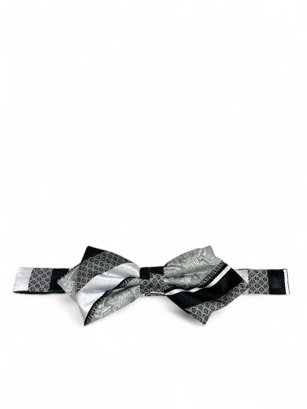 Silver and Black Silk Bow Tie and Pocket Square