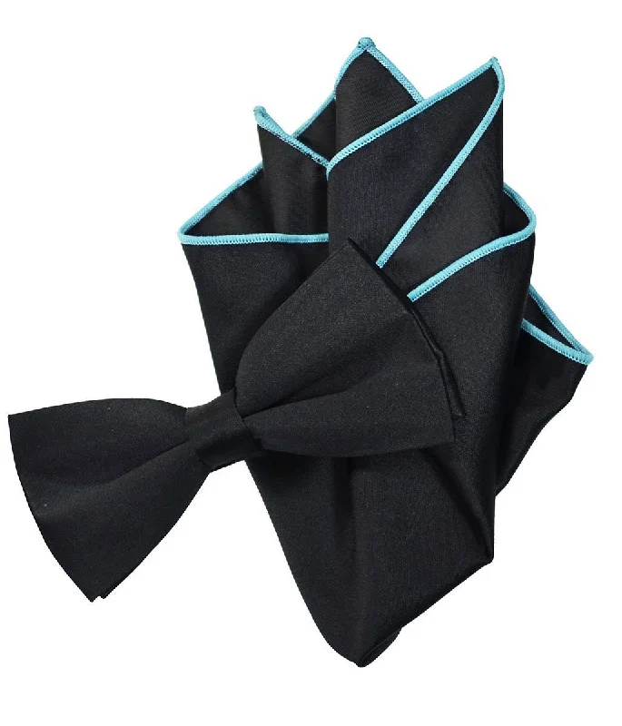 Solid Black Pre-Tied Bow Tie and Pocket Square