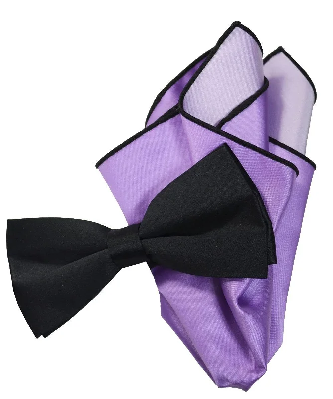 Solid Black Pre-Tied Bow Tie and Pocket Square