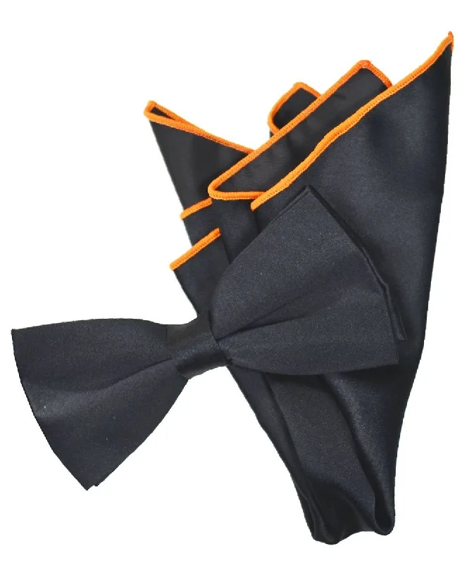 Solid Black Pre-Tied Bow Tie and Pocket Square