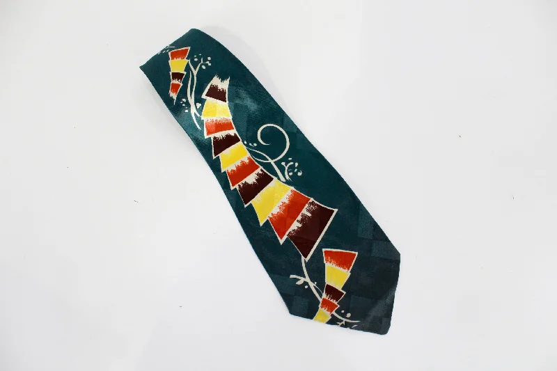 1940s Green Rayon Necktie, Red and Yellow Abstract Print Wide Tongue