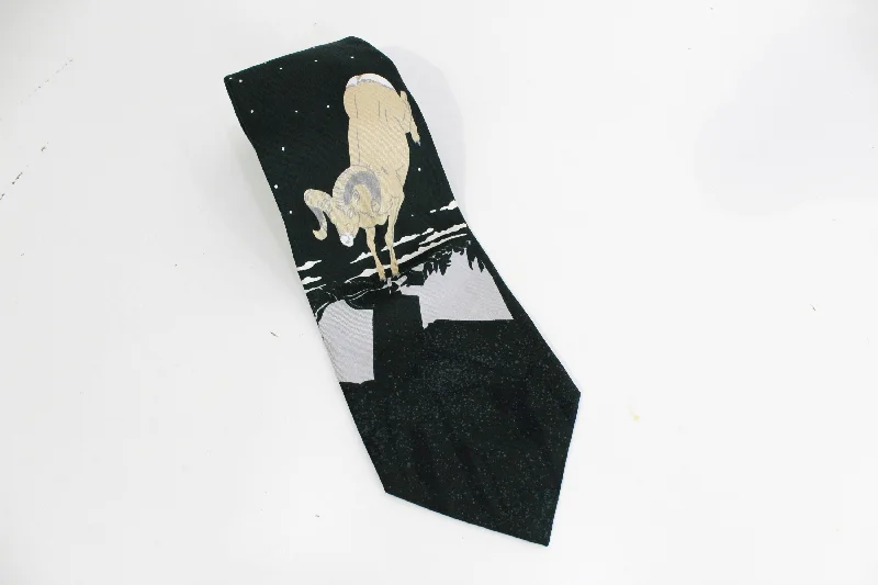 1970s Ram/Jumping Goat Print Necktie, Silk Roland Tie, Dark Green