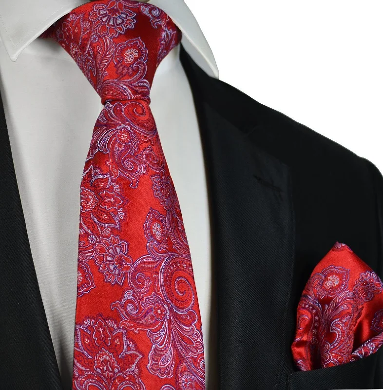 Red Patterned Paul Malone Men's Tie and matching Pocket Square