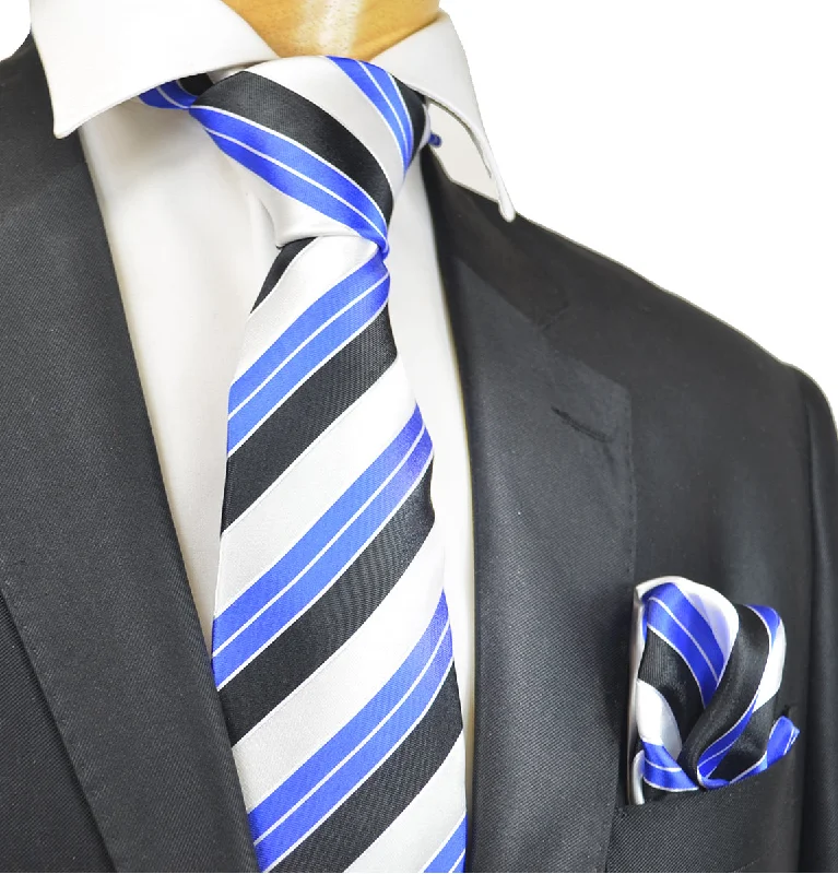 Royal Blue, White and Black Striped Silk Necktie Set