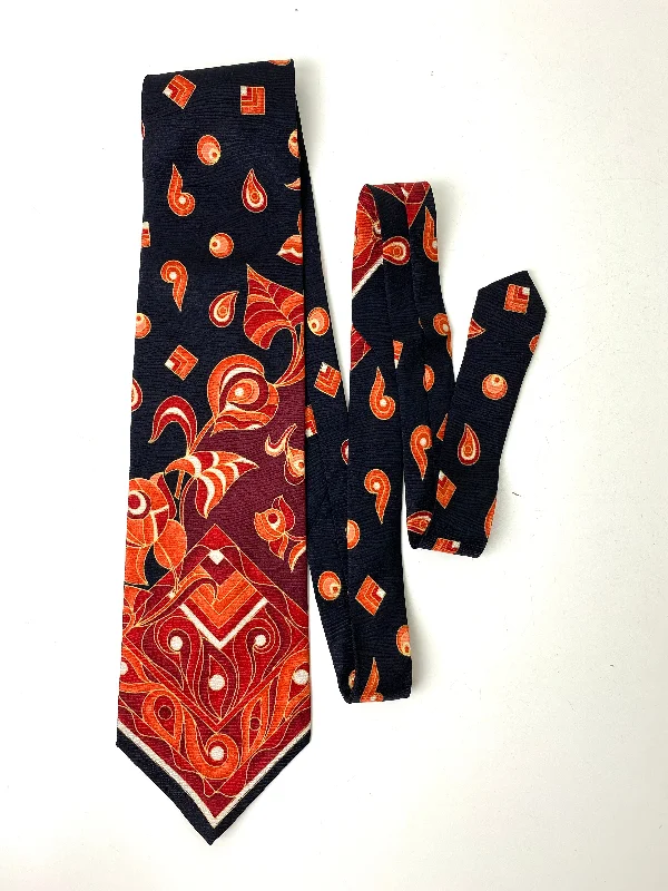 90s Deadstock Silk Necktie, Men's Vintage Black/ Red/ Orange Paisley Print Tie, NOS