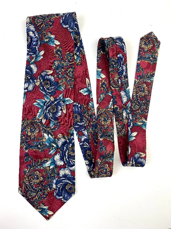 90s Deadstock Silk Necktie, Men's Vintage Wine/ Navy Floral Pattern Tie, NOS