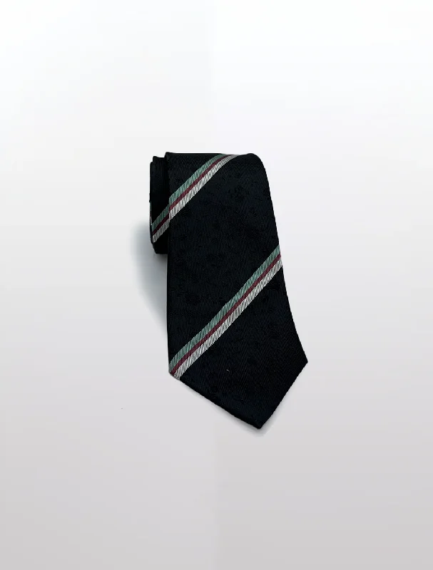 Black Floral with Green Red Silver Regimental Patterned Microfiber Tie