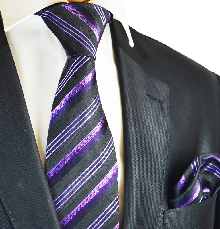 Purple and Black Striped Tie and Pocket Square